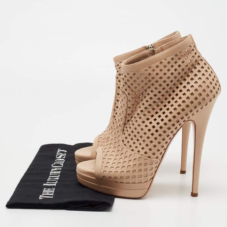 Pre Owned Casadei Beige Laser Cut Leather Open-Toe Platform Booties Size 38