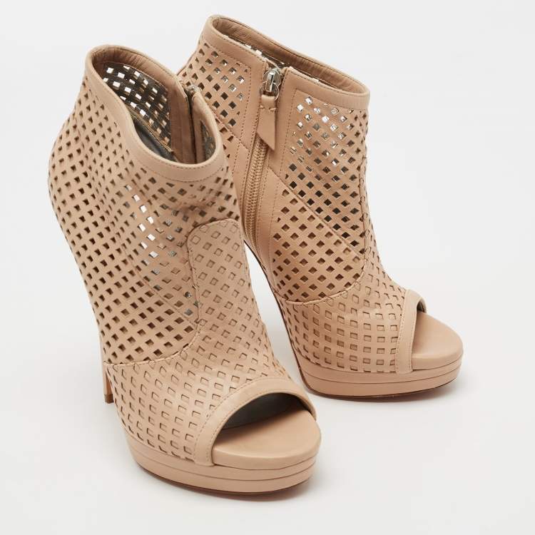 Pre Owned Casadei Beige Laser Cut Leather Open-Toe Platform Booties Size 38