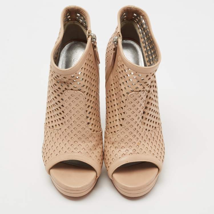 Pre Owned Casadei Beige Laser Cut Leather Open-Toe Platform Booties Size 38