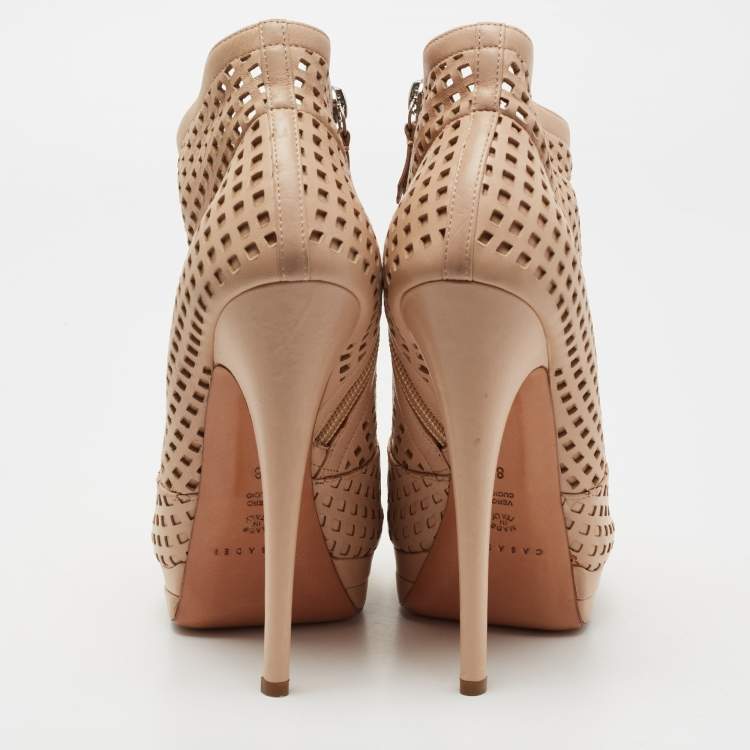 Pre Owned Casadei Beige Laser Cut Leather Open-Toe Platform Booties Size 38