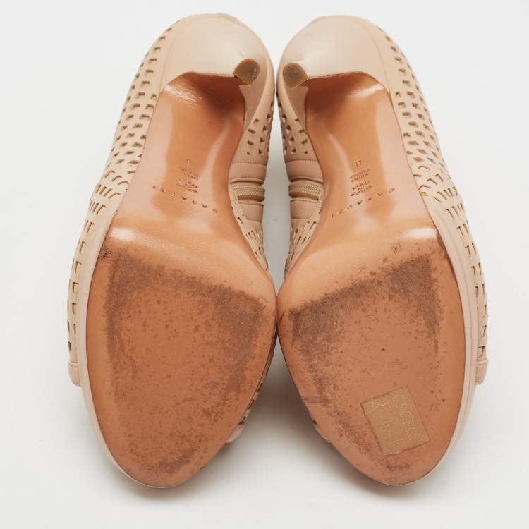 Pre Owned Casadei Beige Laser Cut Leather Open-Toe Platform Booties Size 38