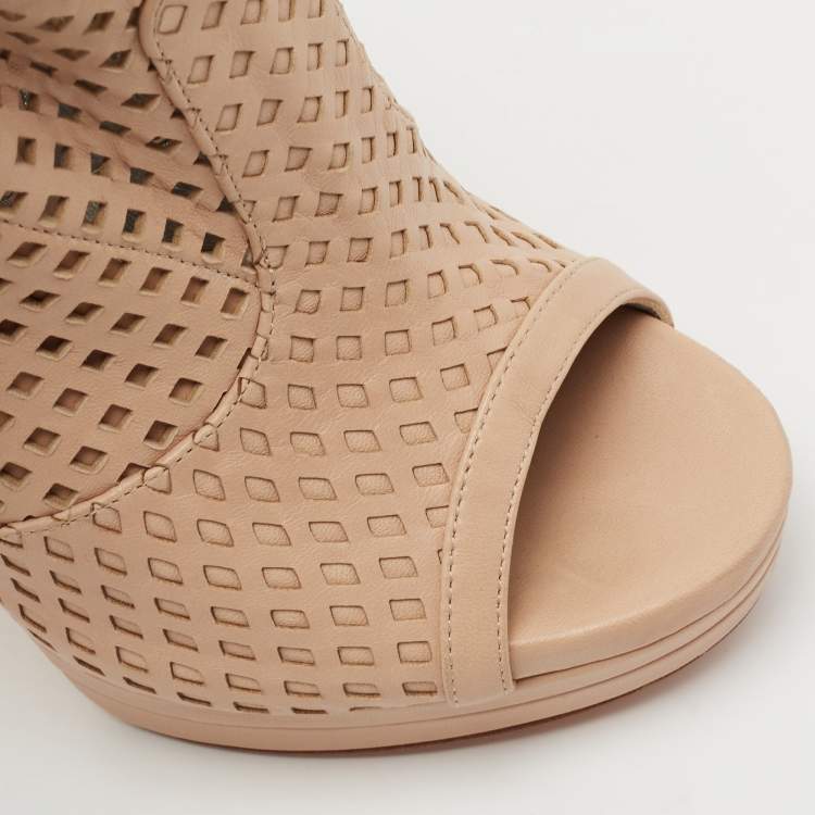 Pre Owned Casadei Beige Laser Cut Leather Open-Toe Platform Booties Size 38