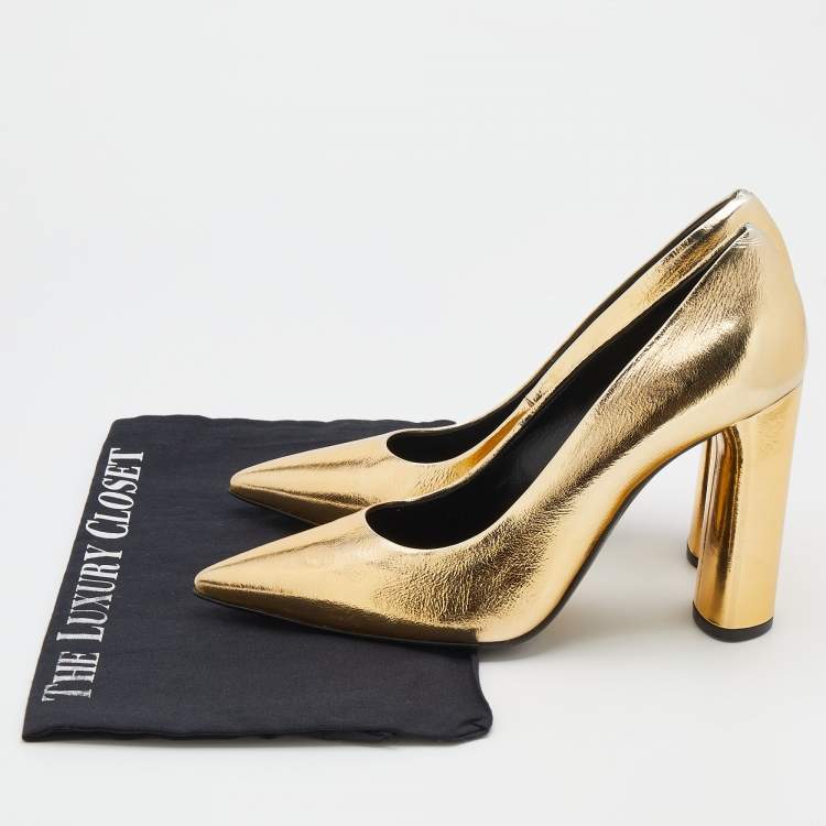 Pre Owned Casadei Metallic Gold Crinkled Leather Pointed Toe Pumps Size 39
