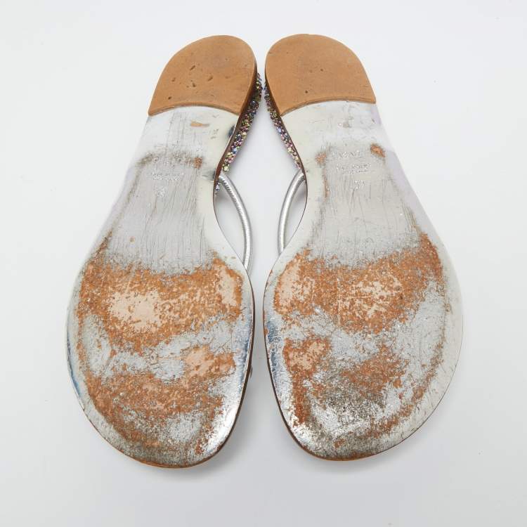 Pre Owned Casadei Silver Leather Crystal Embellished  Ring Toe Flat Sandals Size 39