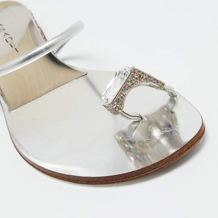 Pre Owned Casadei Silver Leather Crystal Embellished  Ring Toe Flat Sandals Size 39