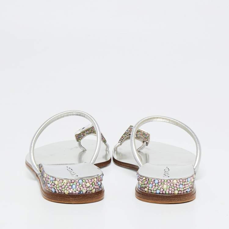Pre Owned Casadei Silver Leather Crystal Embellished  Ring Toe Flat Sandals Size 39