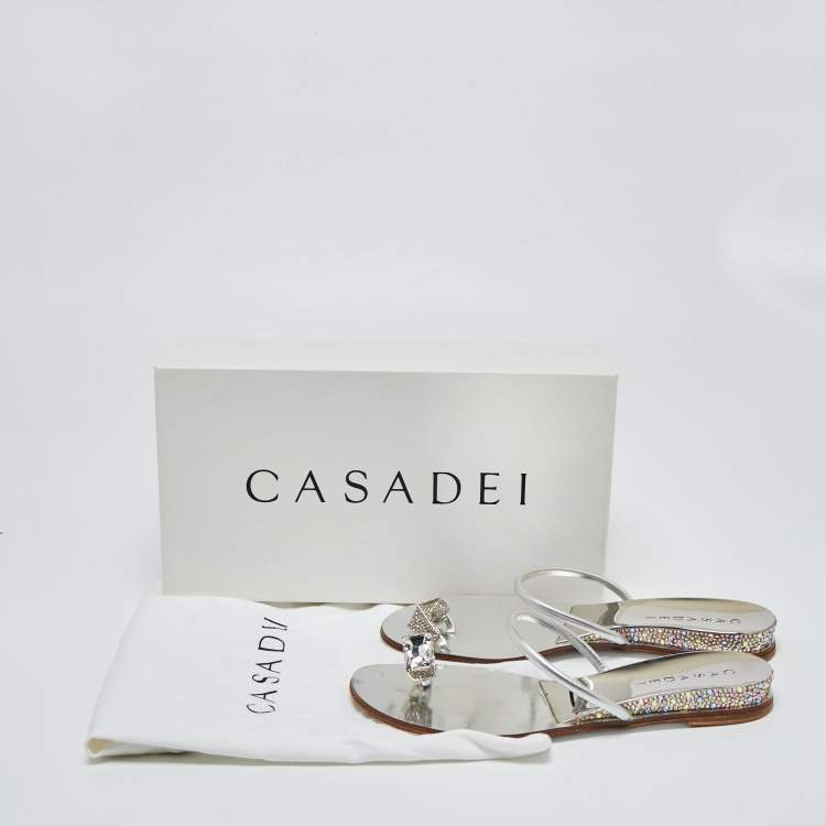 Pre Owned Casadei Silver Leather Crystal Embellished  Ring Toe Flat Sandals Size 39