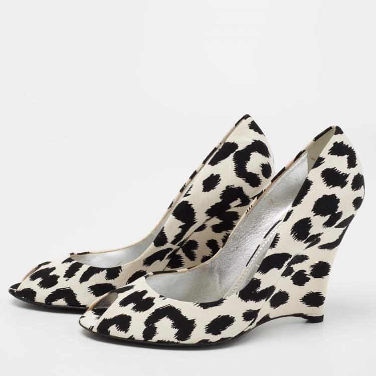 Casadei White Leopard Print Canvas Peep Toe Wedge Pumps Size 38 Casadei |  TLC