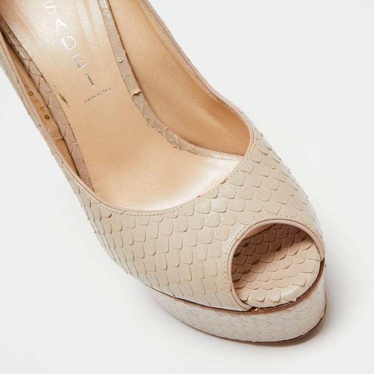 Pre Owned Casadei Beige Python Embossed Leather Peep Toe Platform Pumps Size 38