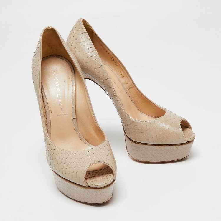 Pre Owned Casadei Beige Python Embossed Leather Peep Toe Platform Pumps Size 38