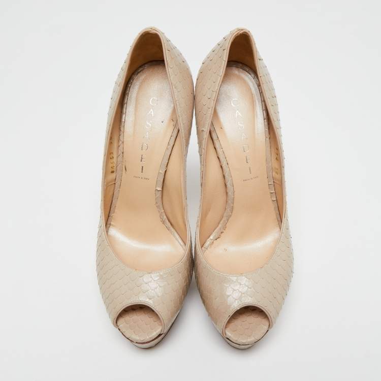 Pre Owned Casadei Beige Python Embossed Leather Peep Toe Platform Pumps Size 38