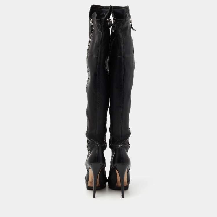 Pre Owned Casadei Black Leather Knee Length Platform Boots Size 37.5