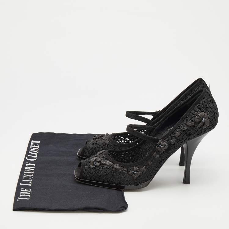 Pre Owned Casadei Black Crochette Nylon and Suede Peep Toe Pumps Size 39