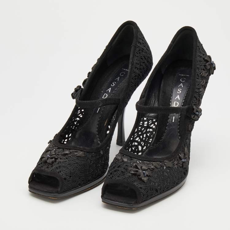 Pre Owned Casadei Black Crochette Nylon and Suede Peep Toe Pumps Size 39