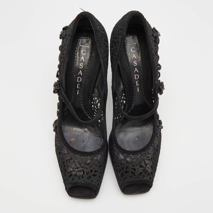 Pre Owned Casadei Black Crochette Nylon and Suede Peep Toe Pumps Size 39