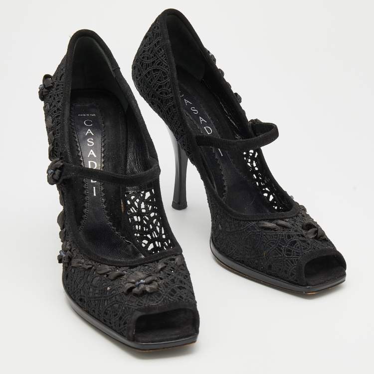 Pre Owned Casadei Black Crochette Nylon and Suede Peep Toe Pumps Size 39