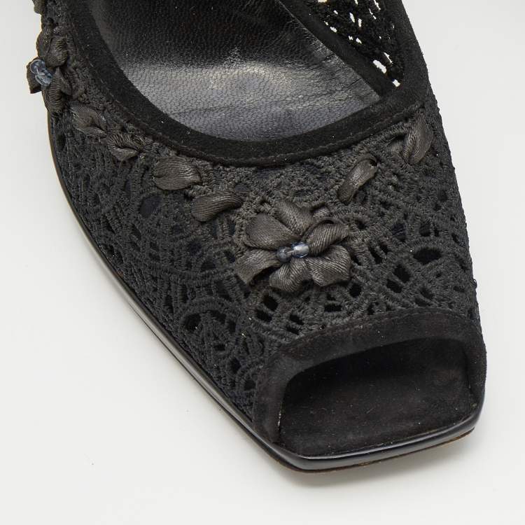 Pre Owned Casadei Black Crochette Nylon and Suede Peep Toe Pumps Size 39