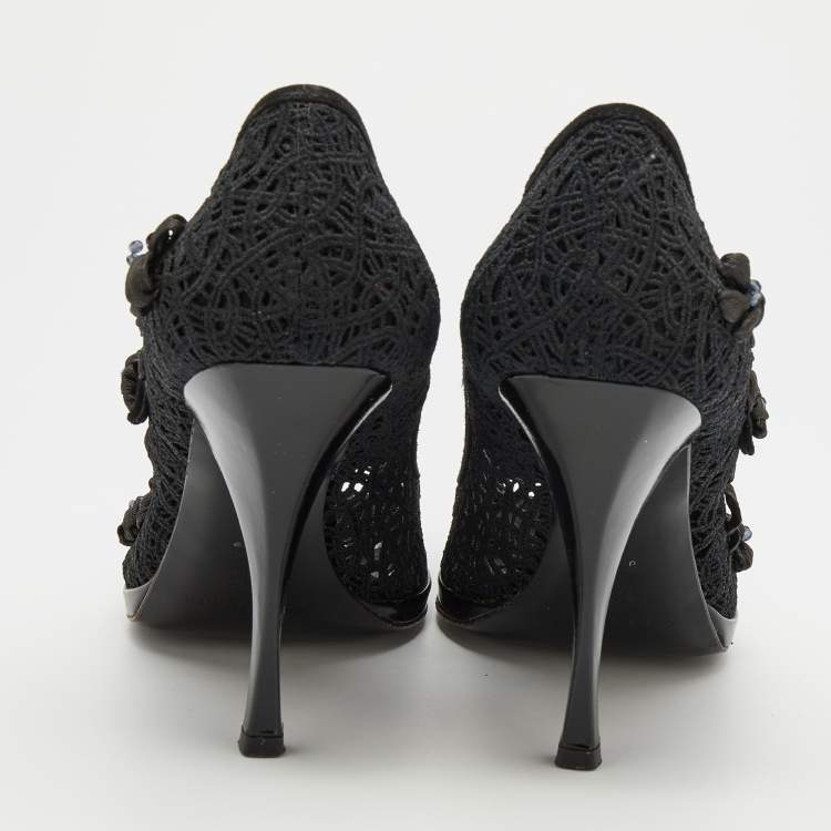 Pre Owned Casadei Black Crochette Nylon and Suede Peep Toe Pumps Size 39