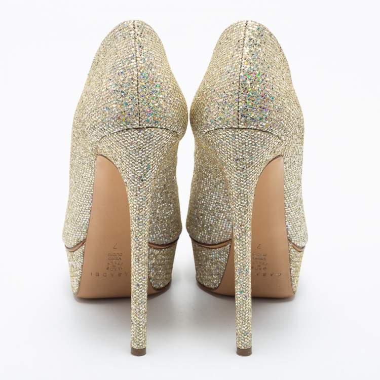 مملوكة مسبقًا Casadei Multicolor Glitter Peep Toe Platform Pumps Size 37