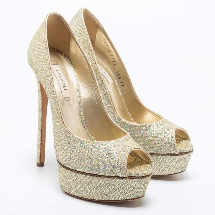 مملوكة مسبقًا Casadei Multicolor Glitter Peep Toe Platform Pumps Size 37