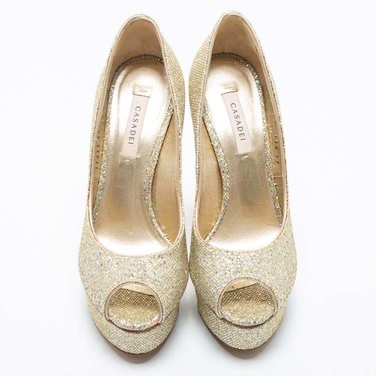 مملوكة مسبقًا Casadei Multicolor Glitter Peep Toe Platform Pumps Size 37