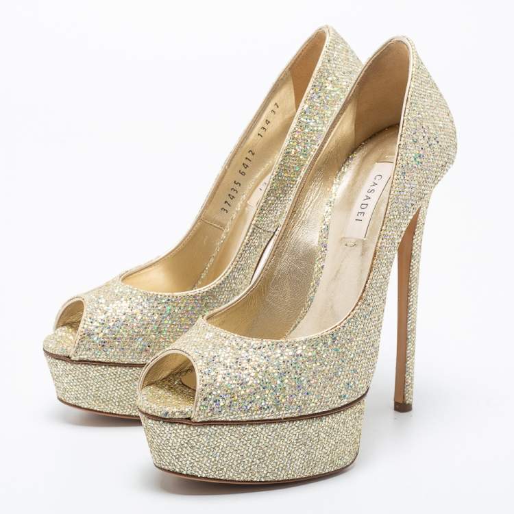 مملوكة مسبقًا Casadei Multicolor Glitter Peep Toe Platform Pumps Size 37