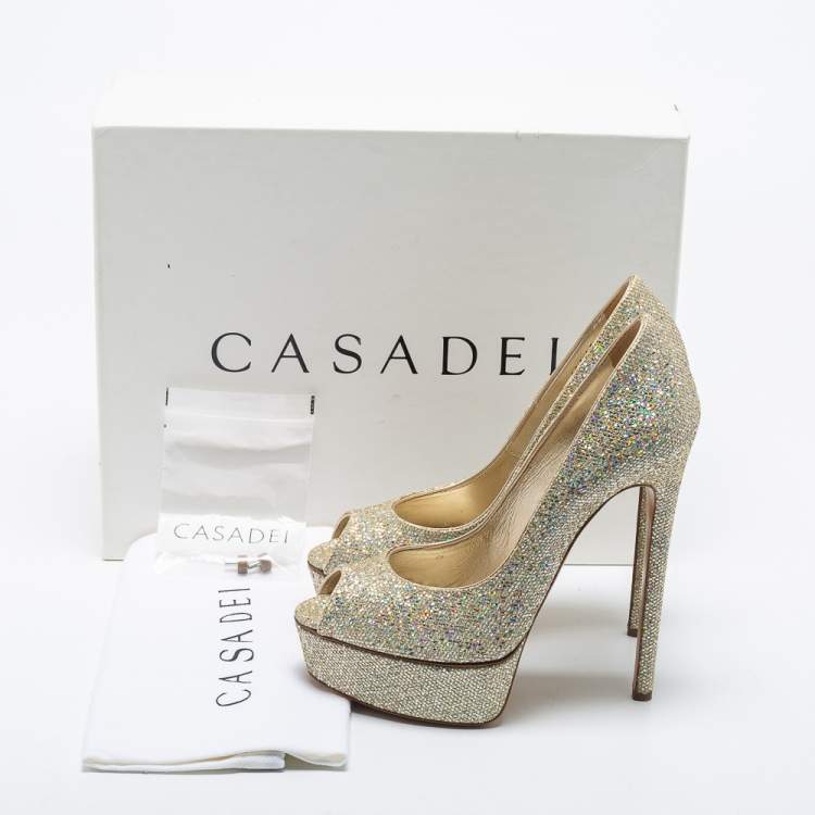 مملوكة مسبقًا Casadei Multicolor Glitter Peep Toe Platform Pumps Size 37
