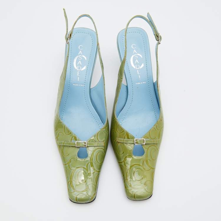 Pre Owned Casadei Green Patent Leather Slingback Sandals Size 38