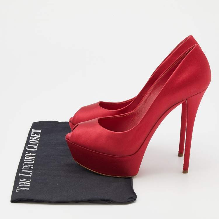 Pre Owned Casadei Red Satin Peep Toe Platform Pumps Size 37.5