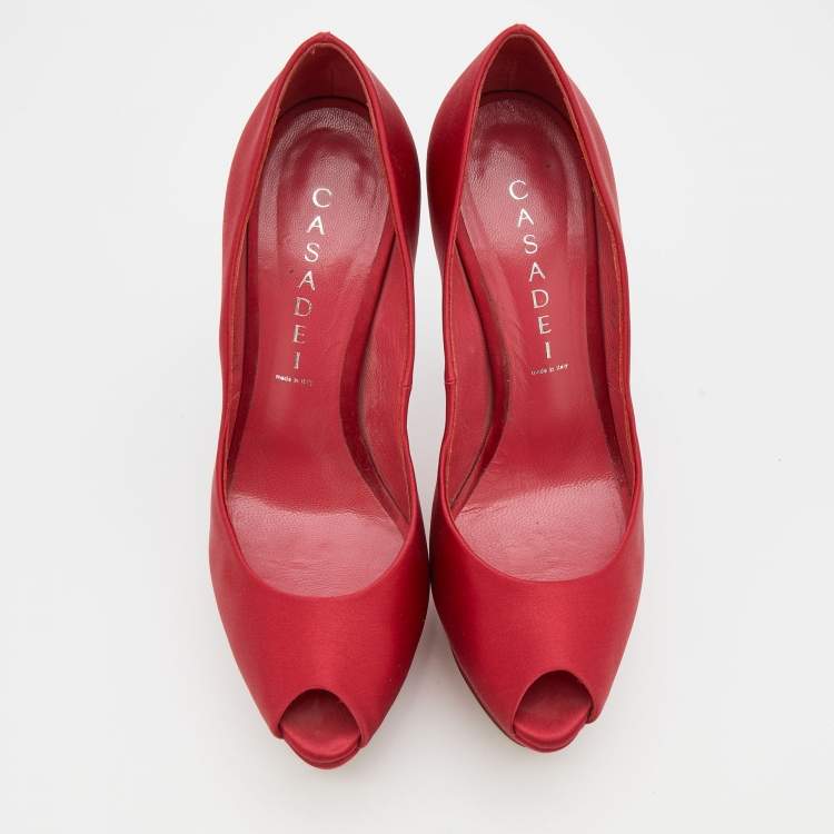 Pre Owned Casadei Red Satin Peep Toe Platform Pumps Size 37.5
