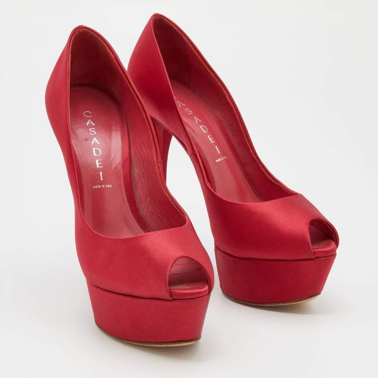Pre Owned Casadei Red Satin Peep Toe Platform Pumps Size 37.5