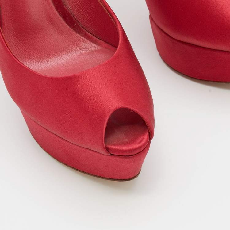 Pre Owned Casadei Red Satin Peep Toe Platform Pumps Size 37.5