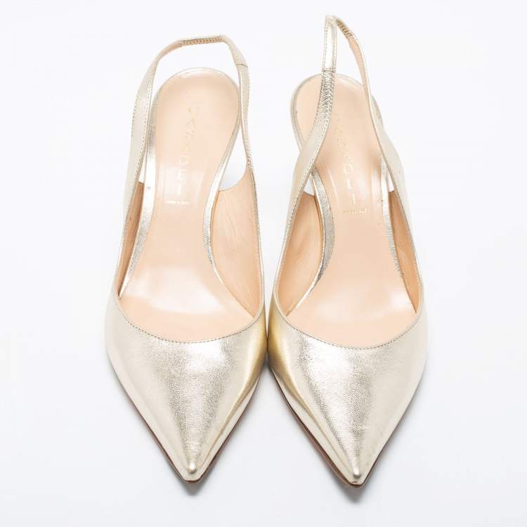 Pre Owned Casadei Light Gold Leather Pointed Toe Slingback Pumps Size 41