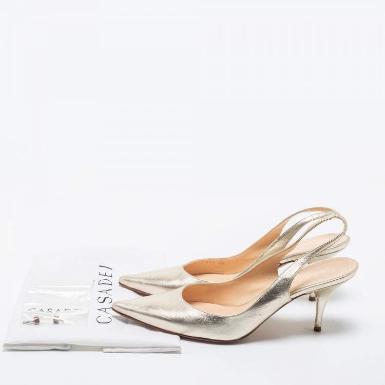 Pre Owned Casadei Light Gold Leather Pointed Toe Slingback Pumps Size 41