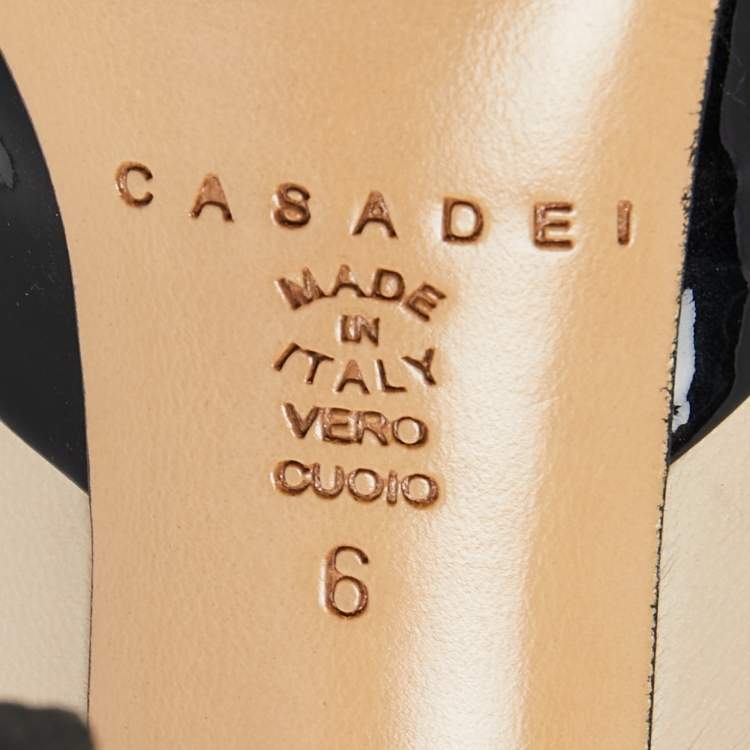 Pre Owned Casadei Beige/Black Patent and Leather Blade Pumps Size 36