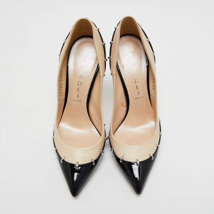 Pre Owned Casadei Beige/Black Patent and Leather Blade Pumps Size 36
