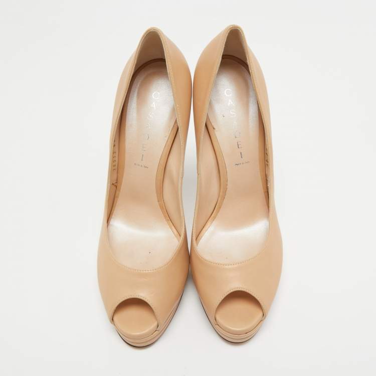 Pre Owned Casadei Beige Leather Peep Toe Platform Pumps Size 40