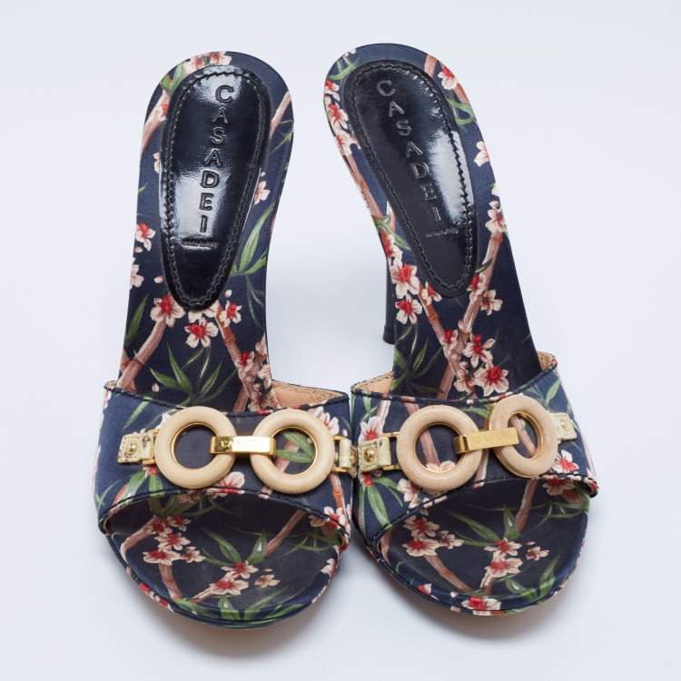 Pre Owned Casadei Multicolor Fabric Flower Prints Open Toe Slide Size 40 