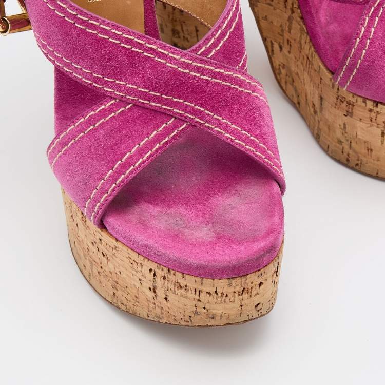 Pre Owned Casadei Pink Suede Cork Platform Block Heel Sandals Size 38