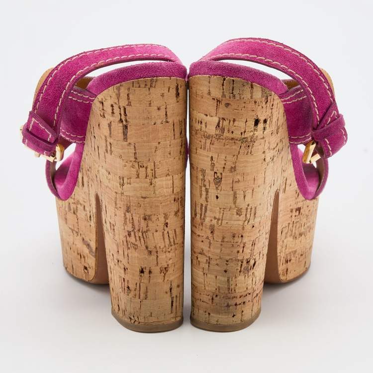 Pre Owned Casadei Pink Suede Cork Platform Block Heel Sandals Size 38