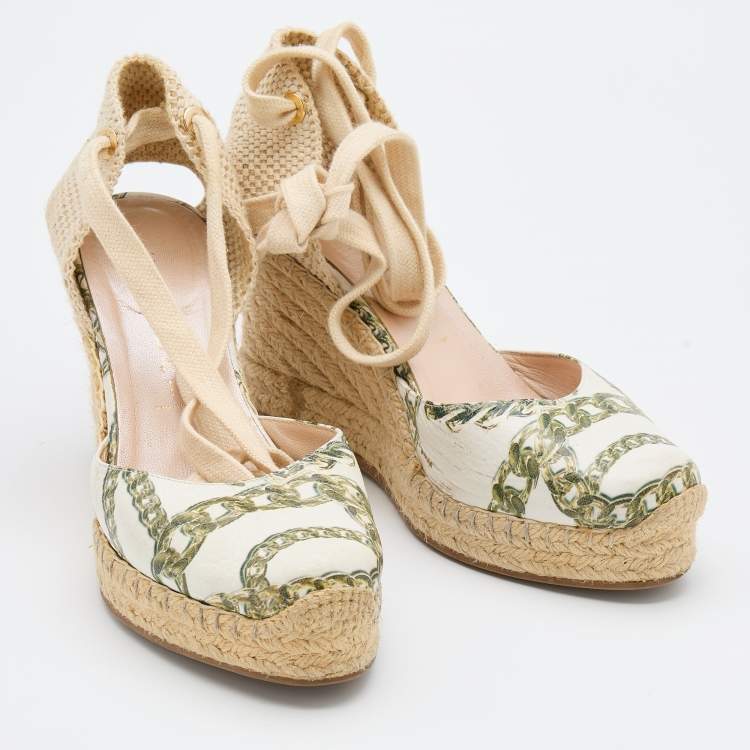 Pre Owned Casadei White Printed Leather and Woven Fabric Espadrille Platform Wedge Sandals Size 36.5