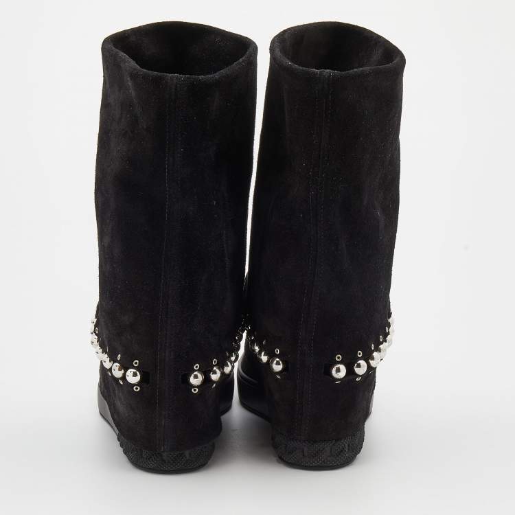 Pre Owned Casadei Black Suede Pearl Detail Fold Over Wedge Boots Size 38