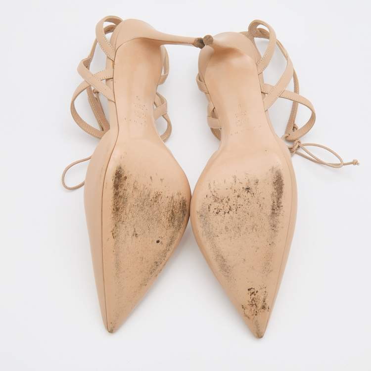 Pre Owned Casadei Beige Leather Strappy Ankle Tie Sandals Size 39
