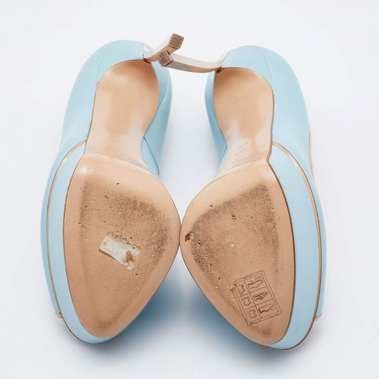 Pre Owned Casadei Blue/Beige Leather Peep Toe Platform Pumps Size 35.5