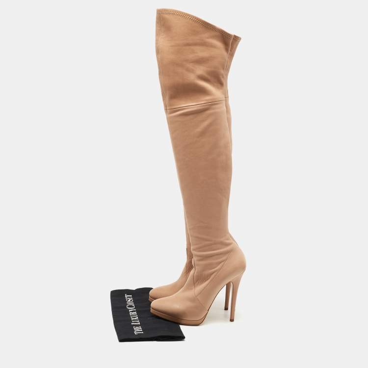 Pre Owned Casadei Beige Leather Over The Knee Boots Size 37.5