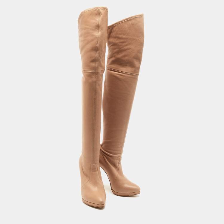 Pre Owned Casadei Beige Leather Over The Knee Boots Size 37.5