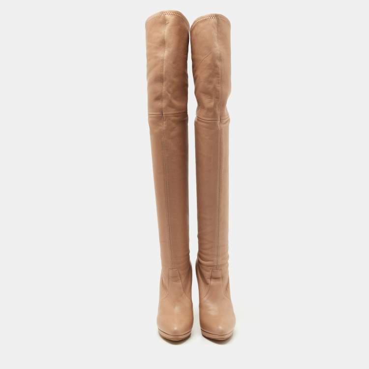 Pre Owned Casadei Beige Leather Over The Knee Boots Size 37.5