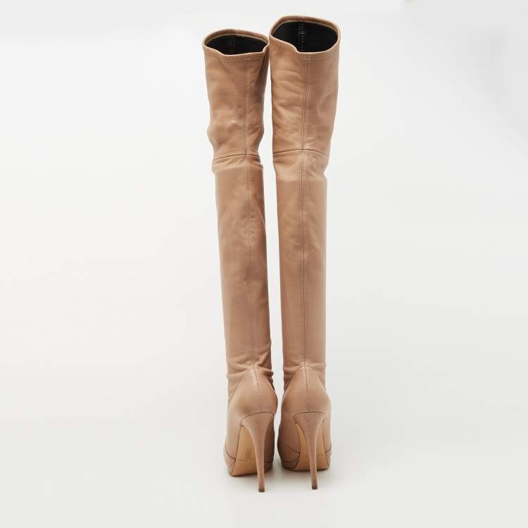 Pre Owned Casadei Beige Leather Over The Knee Boots Size 37.5