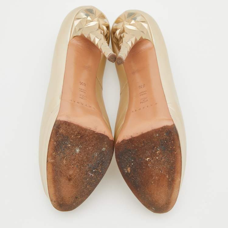 Pre Owned Casadei Metallic Beige Leather Round Toe Platform Pumps Size 38.5