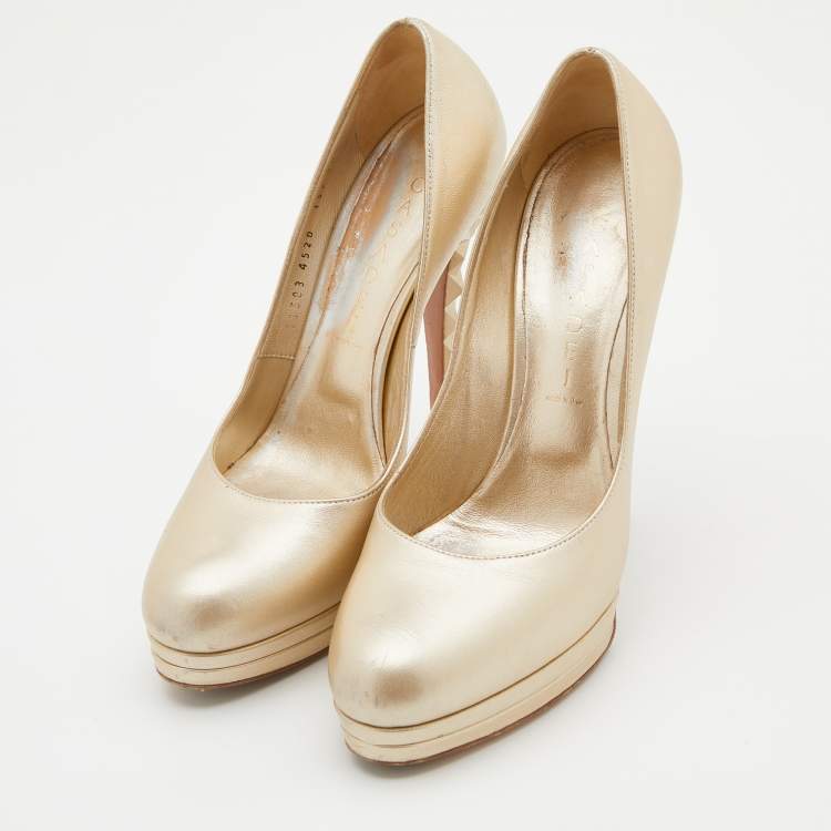 Pre Owned Casadei Metallic Beige Leather Round Toe Platform Pumps Size 38.5